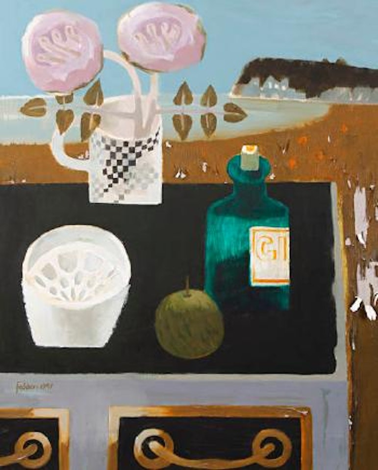 Still life on dresser with sea beyond by Mary Fedden