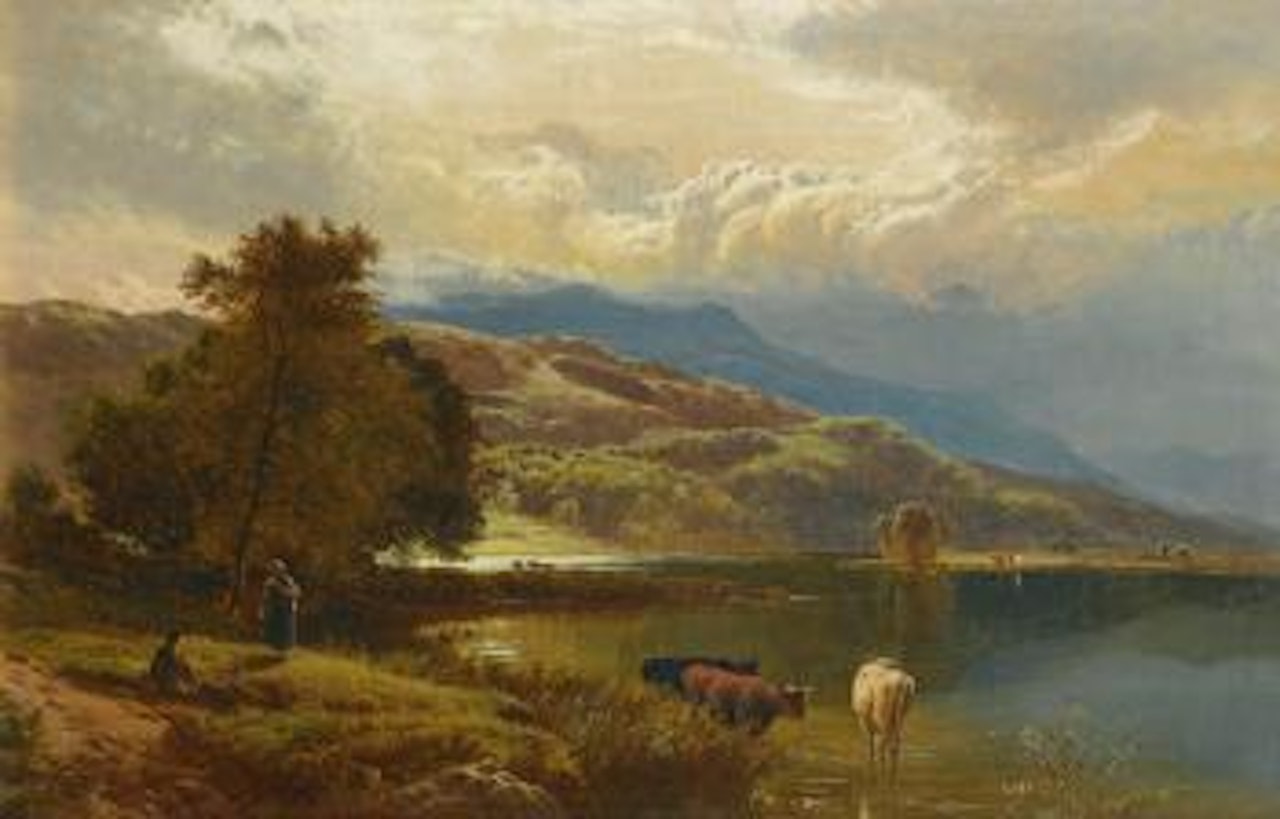 The Glastyn Near Beddgelert, North Wales; Mountainous Lake Scene With Figures And Cattle by Sidney Richard Percy