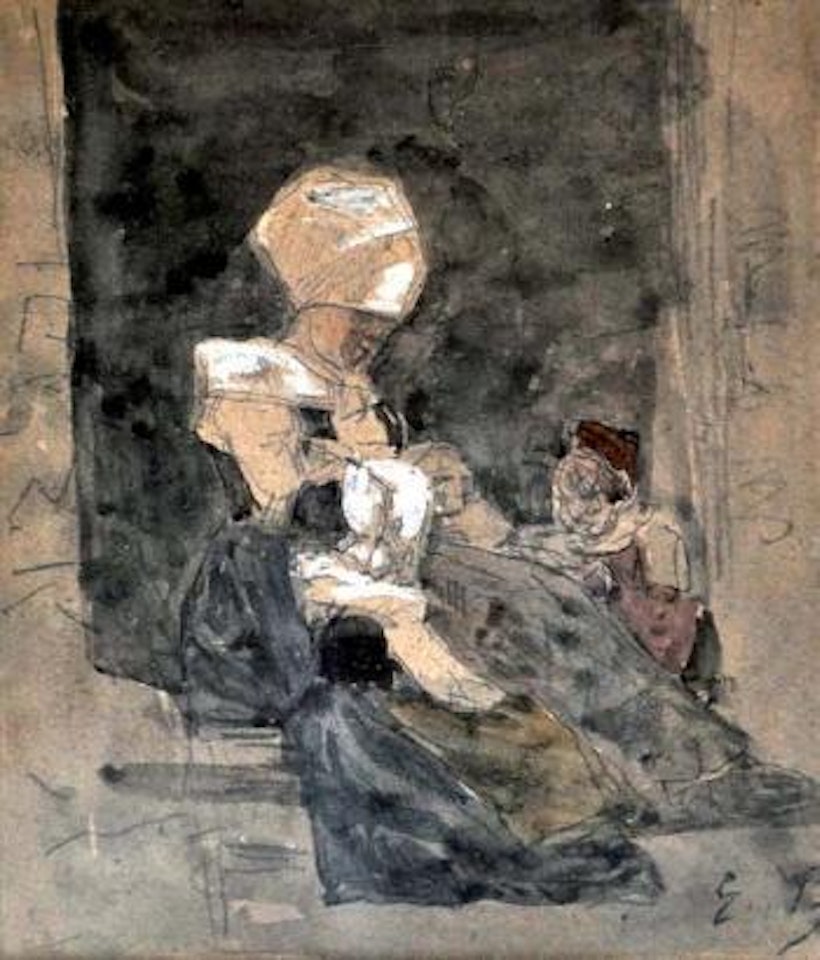 Bretonne et enfants sur le seuil de sa maison by Eugène Boudin