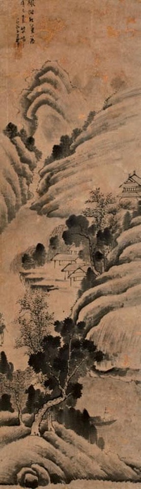 Paysage de montagne avec la tour d'entrée d'un temple et quelques maisons rustiques, parsemé de bouquets d'arbres au feuillage traité en noir by Wang Hui