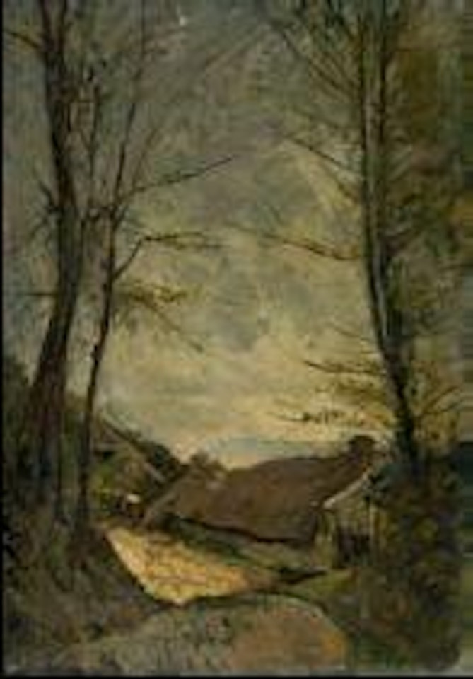 Waldausgang mit Blick auf eine Häusergruppe by Henri Harpignies