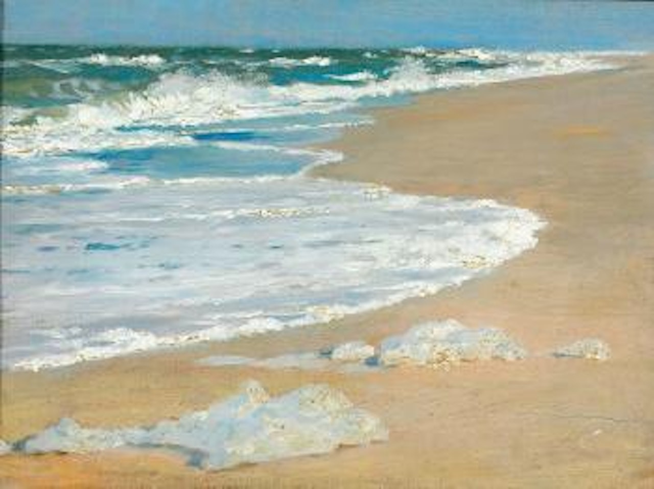 Brænding, Skagens Nordstrand. Lange søer løbe fra venstre side op over stranden. Et par skumflager er fløjet op over sandet. Solskin by Peder Severin Kröyer