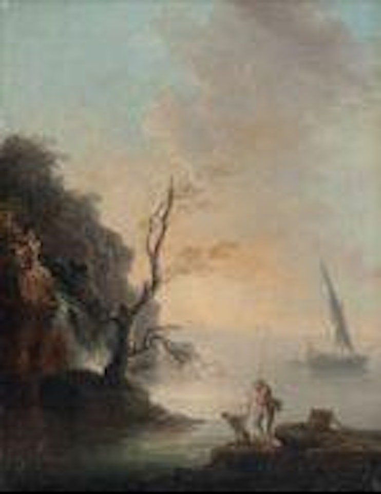 Felsige Küstenlandschaft mit Fischern und Segelschiff by Claude Joseph Vernet