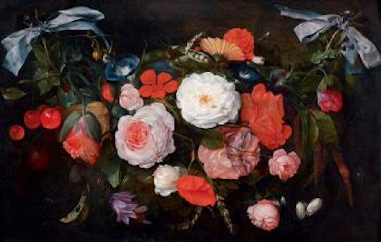 Guirlande de roses, belle de jour, pavots et autres fleurs avec des cerises et du froment by Jan Davidsz de Heem