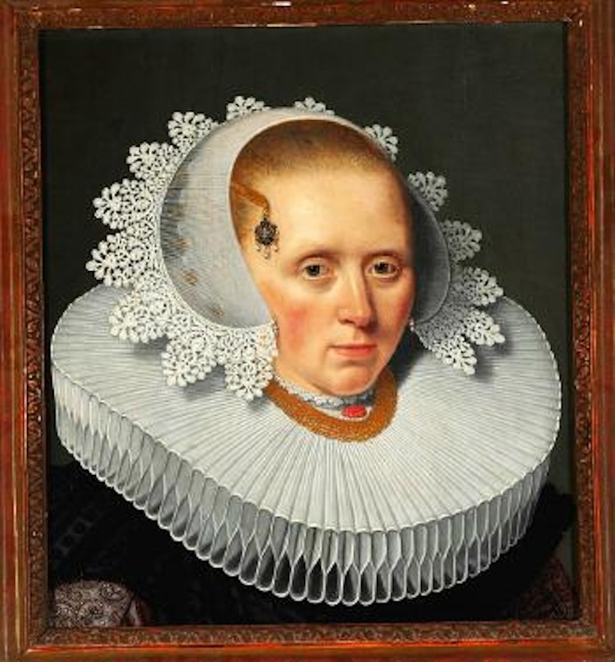 Portrait of an elegant woman in a black dress and an enormous collar and bonnet with lace by Flemish School