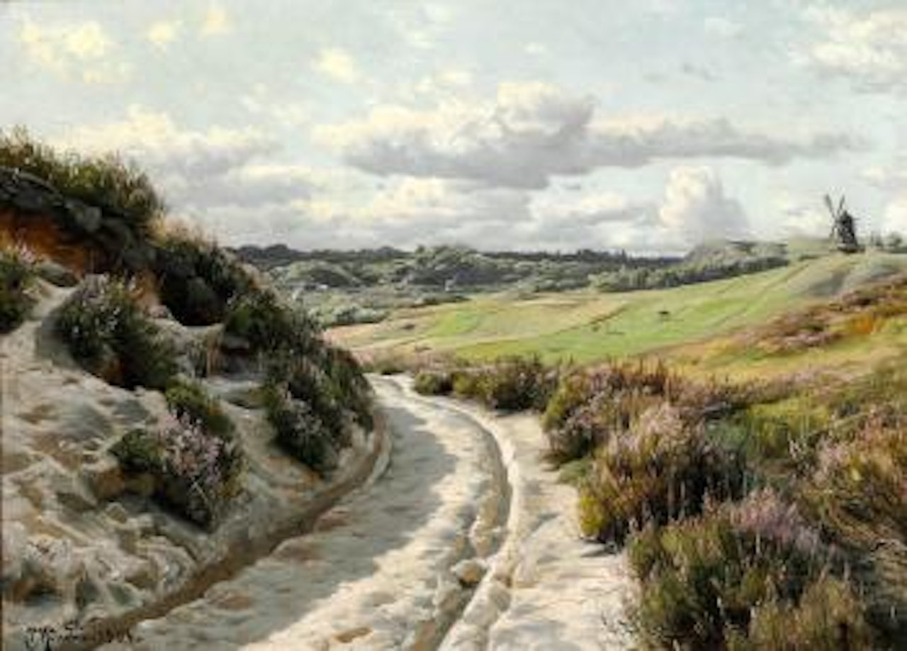 Landscape with heather in bloom and a mill in the background by Peder Mork Monsted