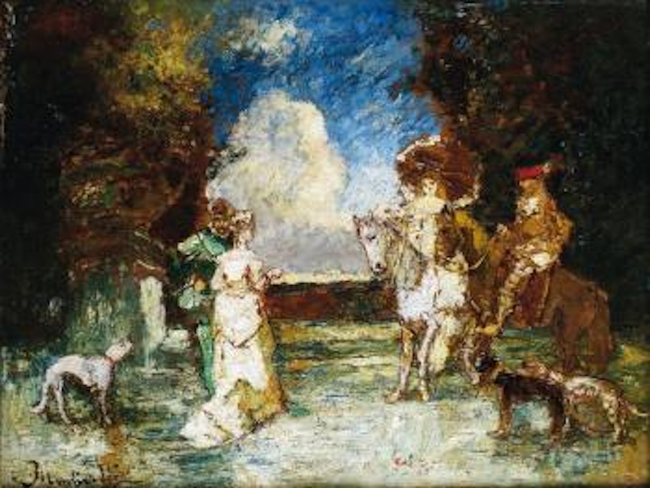 Couple de cavaliers et couple à pied conversant et accompagnés de leurs chiens by Adolphe Monticelli