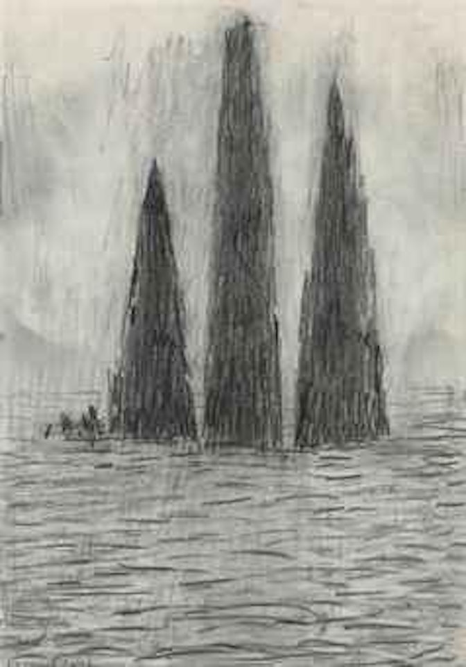 Figures rising from the sea; three rocks by Laurence Stephen Lowry