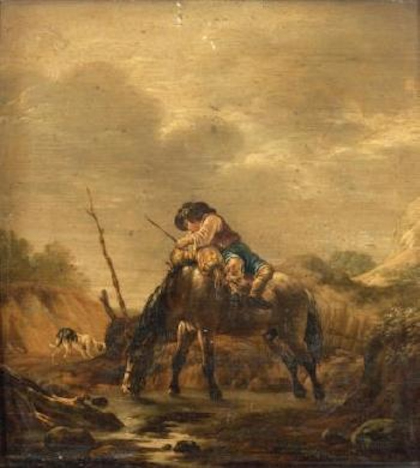 Paysage avec un homme prêt à monter sur un cheval by Pieter Cornelisz Verbeeck