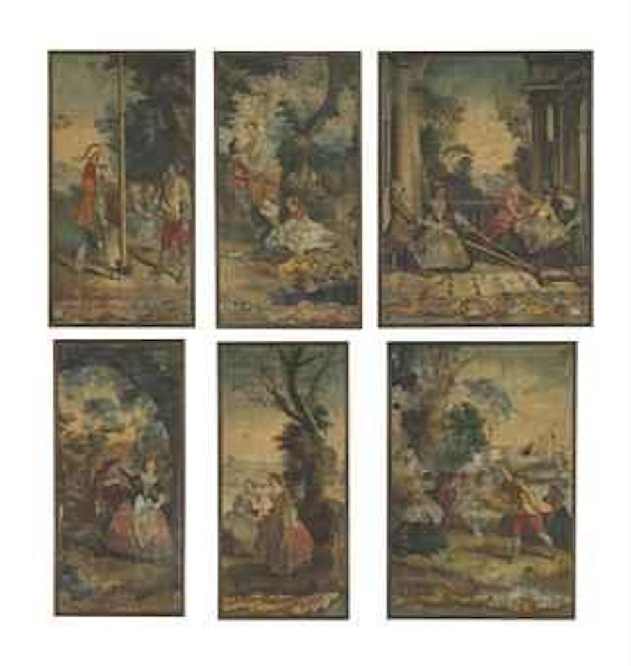 A group of six canvases with scenes from everyday life by Nicolas Lancret