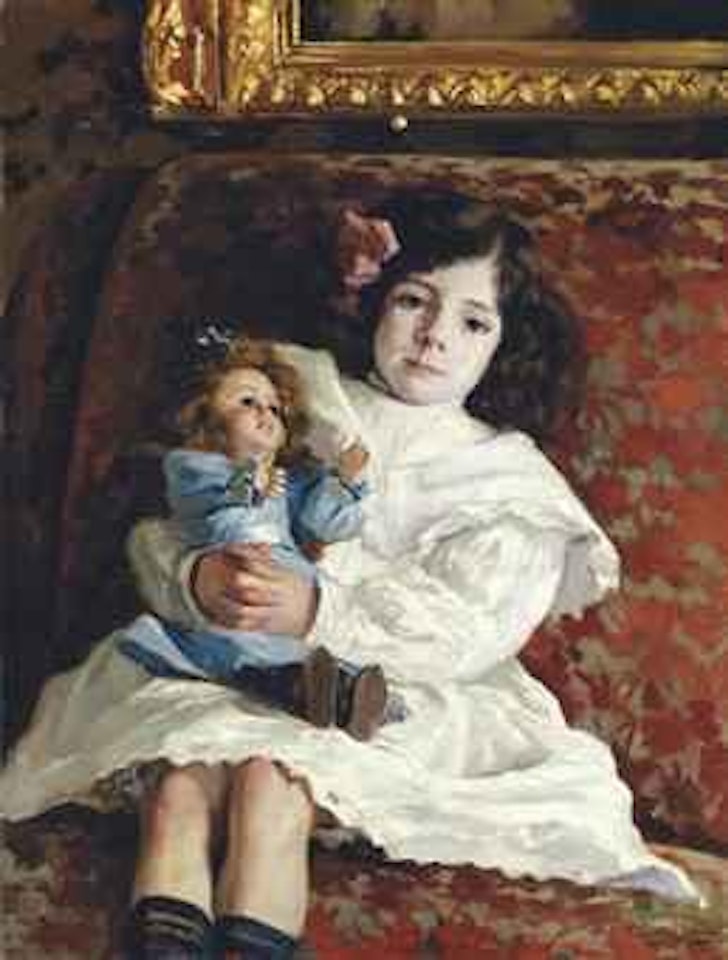 Portrait of a young girl, possibly the artist's niece, with her favourite doll by Joaquin Sorolla Y Bastida
