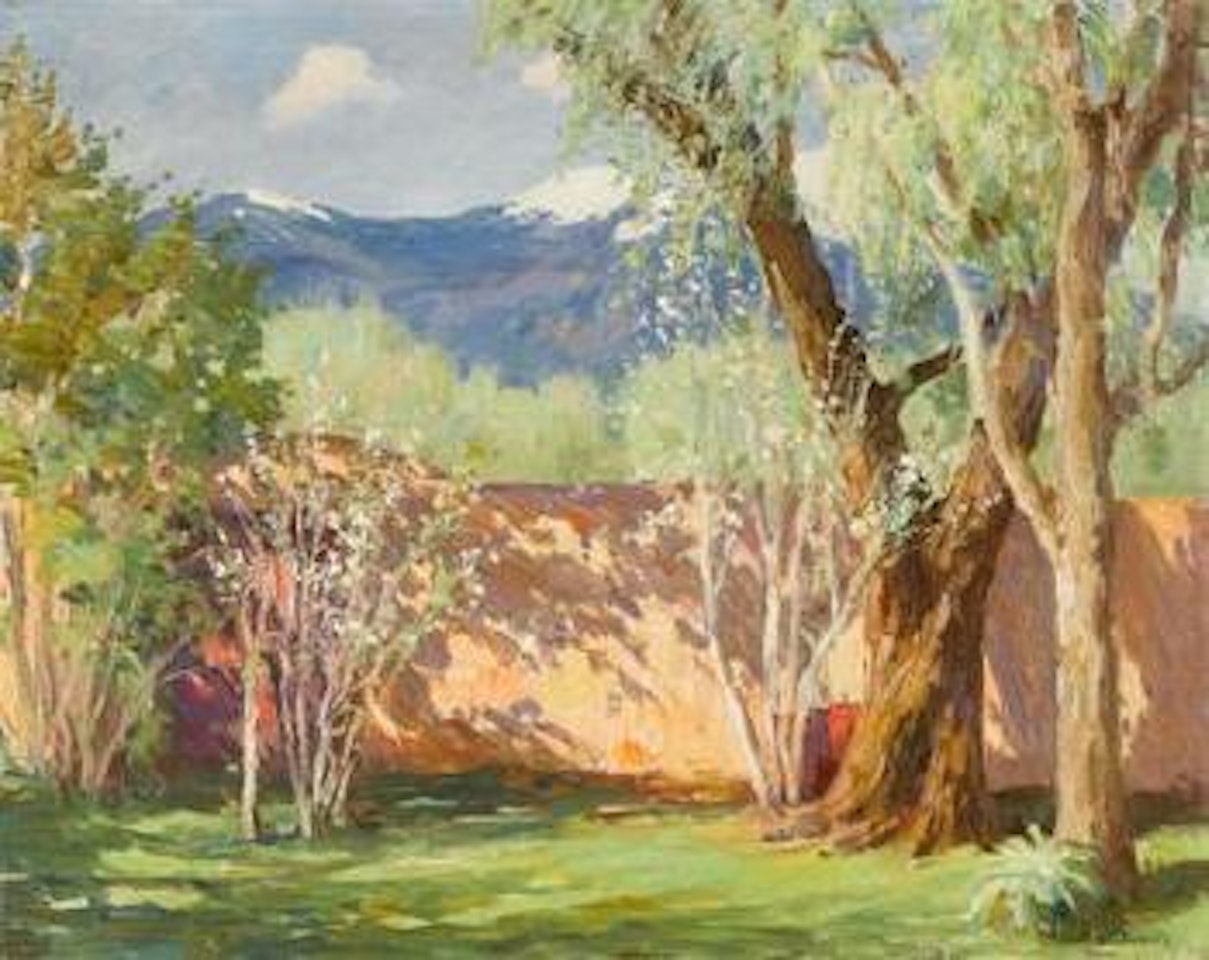 An old garden in Taos (early spring) and Taos mountains by Joseph Henry Sharp