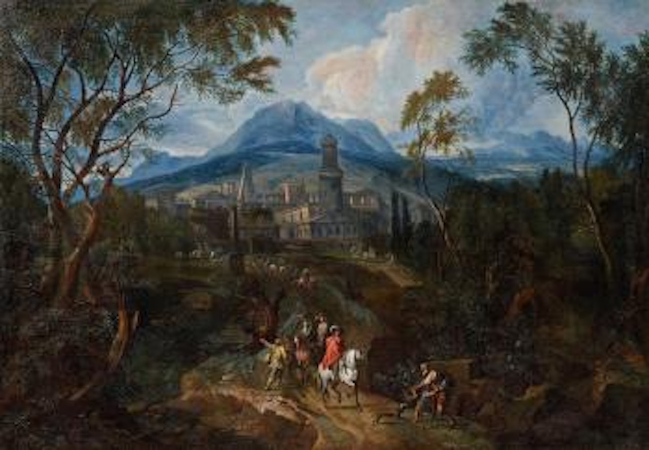 Weite Gebirgslandschaft mit Reisenden vor einer Stadtanlage by French School