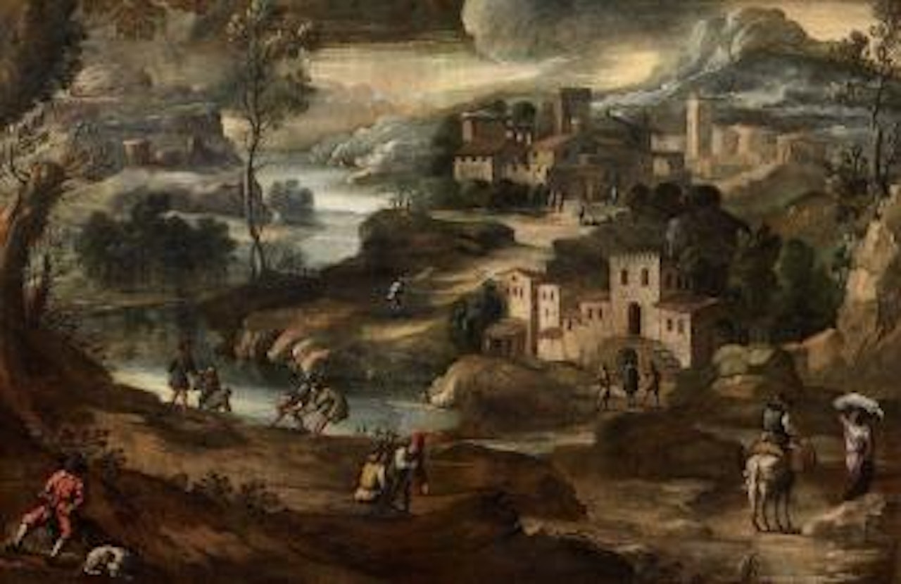 Weite ideale Landschaft mit Flusslauf und Städten by Flemish School