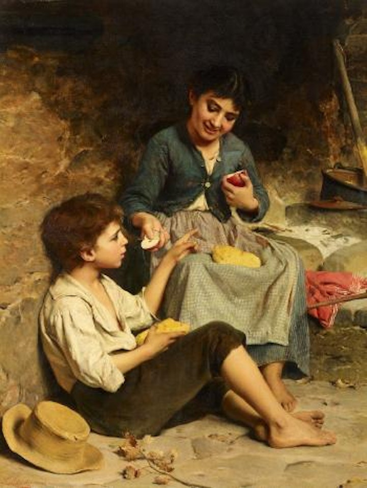 Zwei Kinder mit Brot und Äpfeln bei der Pause by Luigi Bechi