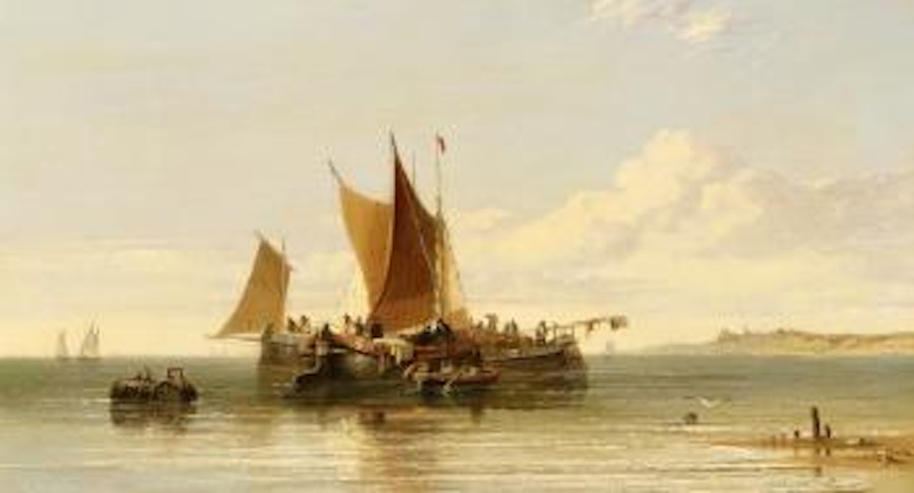 Fischerboote auf stiller See vor der Küste vor Scheveningen by Edward William Cooke