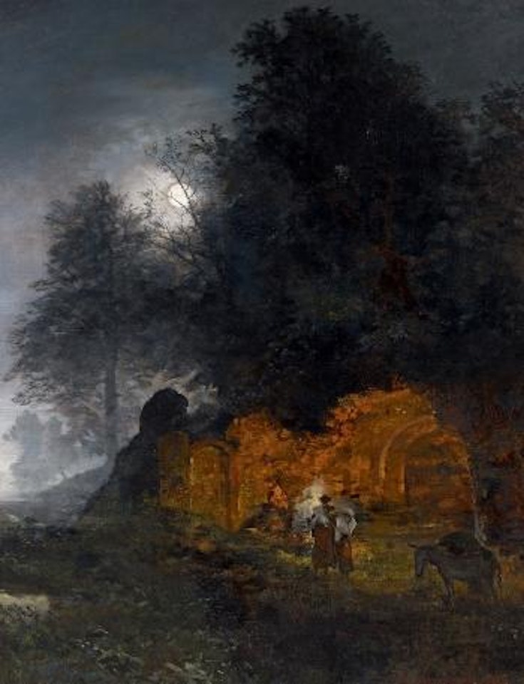 Ruinenlanadschaft mit Hirten am Lagerfeuer by Oswald Achenbach