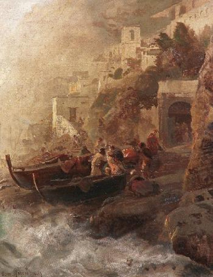 Heimkehrende Fischer am Ufer der Amalfiküste by Oswald Achenbach