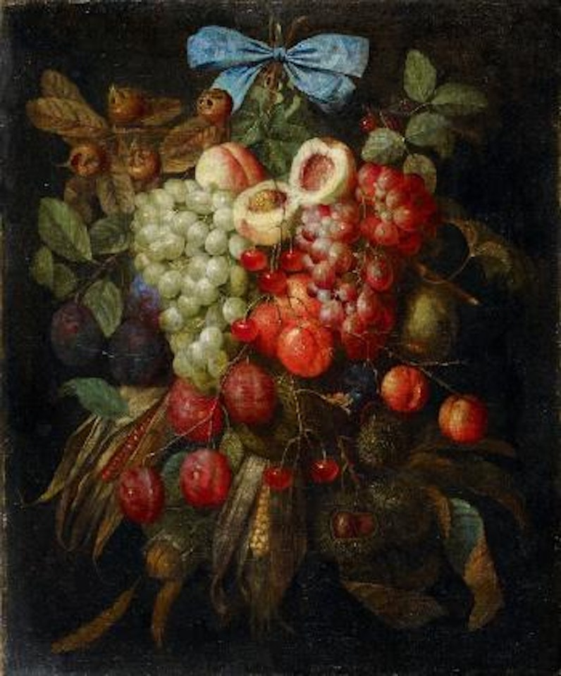 Zwei Früchtegebinde an blauer Schleife by Jan Pauwel Gillemans