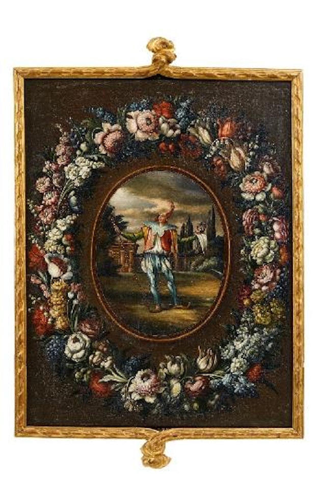 Blumengirlande um Kartusche mit der Darstellung eines Narren by Italian School