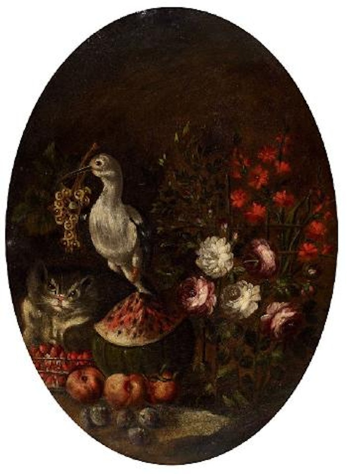 Zwei Stillleben mit Früchten, Blumen und Vögeln by Italian School