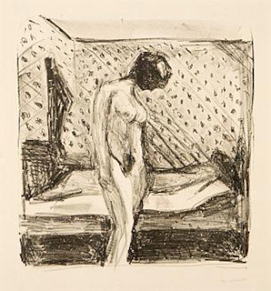 Gråtende ung kvinne ved sengen / Weeping young woman by the bed by Edvard Munch