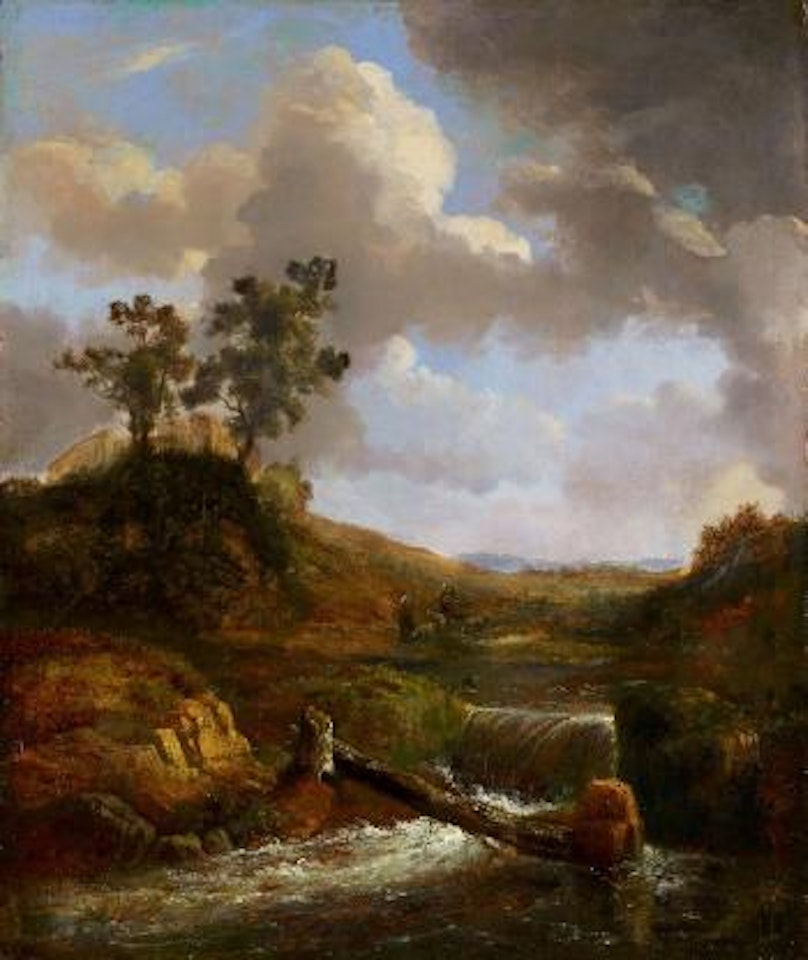 Hügelige Landschaft mit Burg, Bach und Hirten by Alexandre Calame