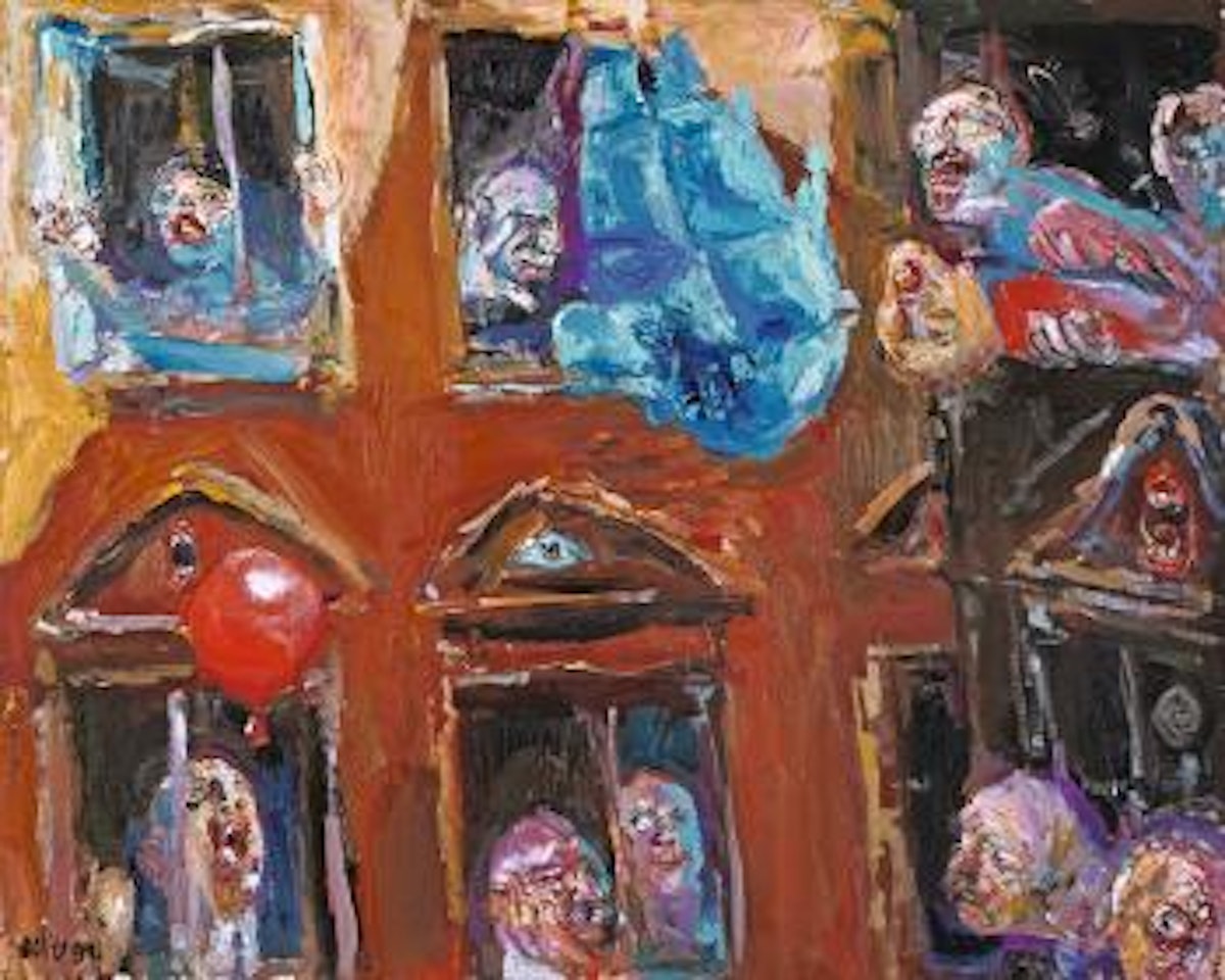 Ohne Titel (Menschen am Fenster und ein blaues Schiff) by Bernhard Heisig