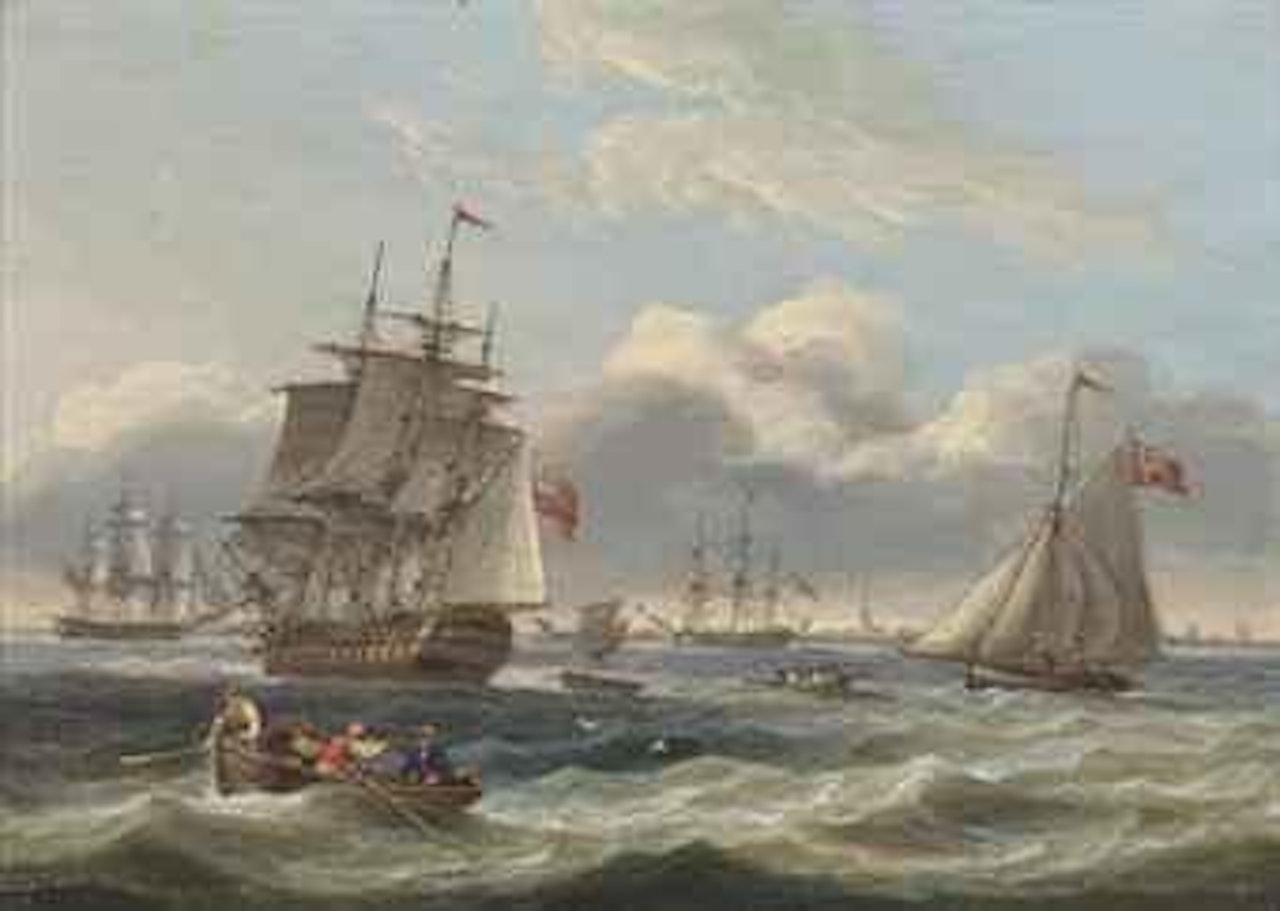 Warships and a cutter in a heavy swell off Harwich by Thomas Luny