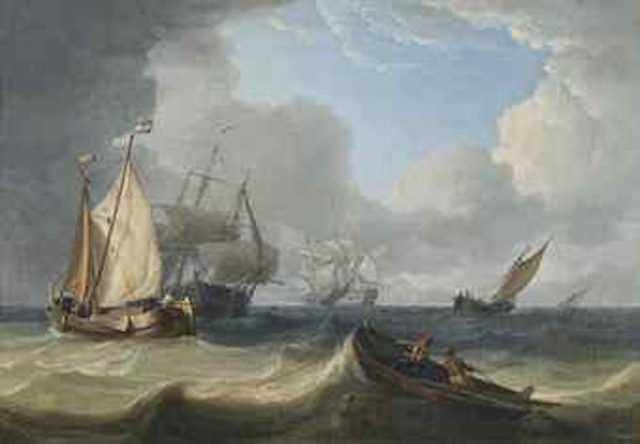 Dutch fishing smacks and trading vessels off the coast in a heavy swell by Charles Martin Powell