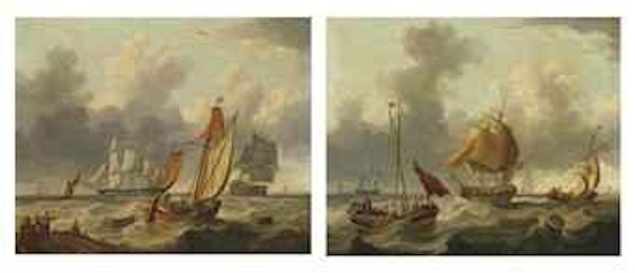 A large three-decker, a frigate and other shipping in a stiff breeze off the harbour mouth; and Warships and barges in an offshore swell (both illustrated) by Charles Martin Powell