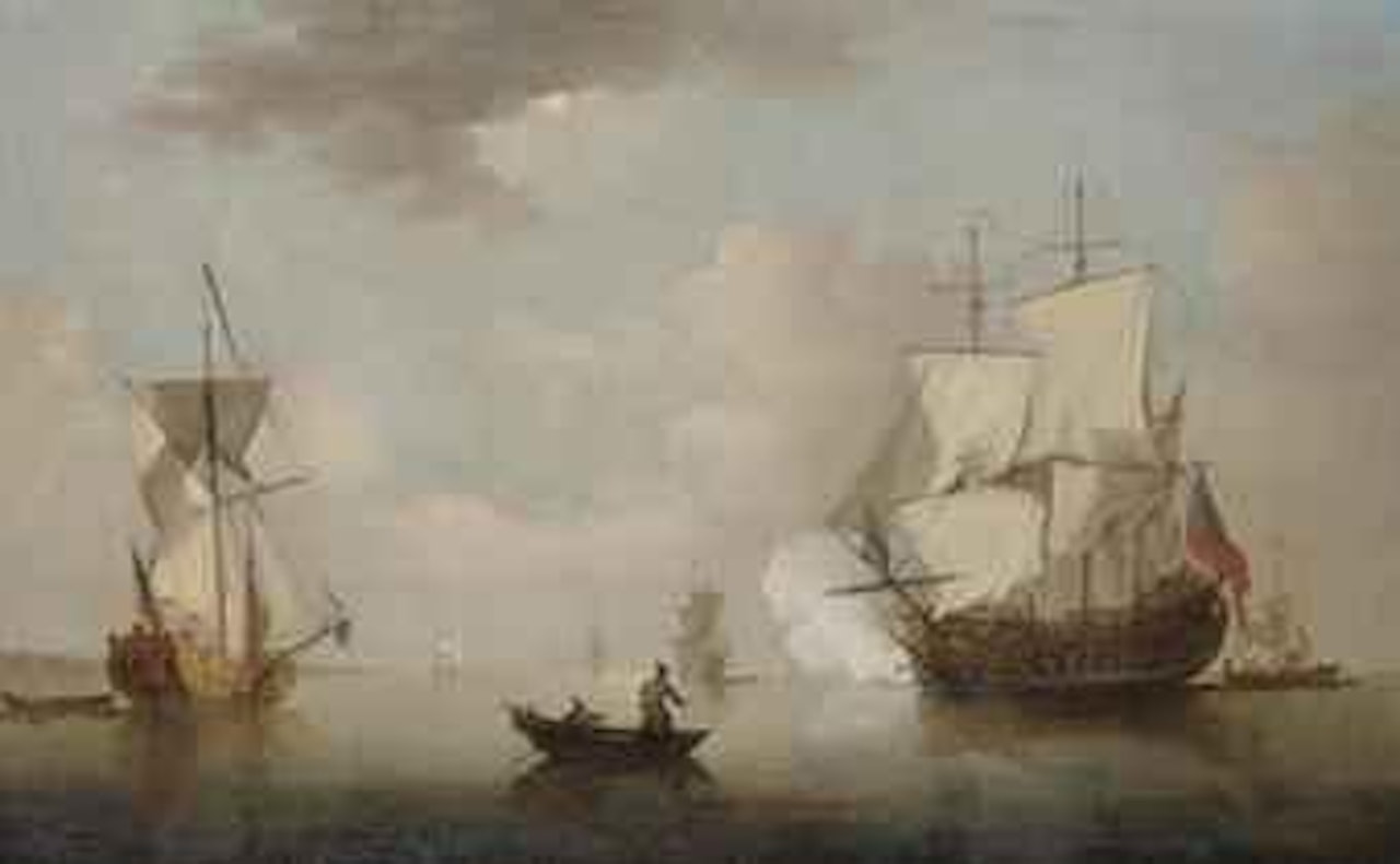 The Flagship firing a salute as she leaves the anchorage, with a Royal Yacht making ready to depart by Peter Monamy