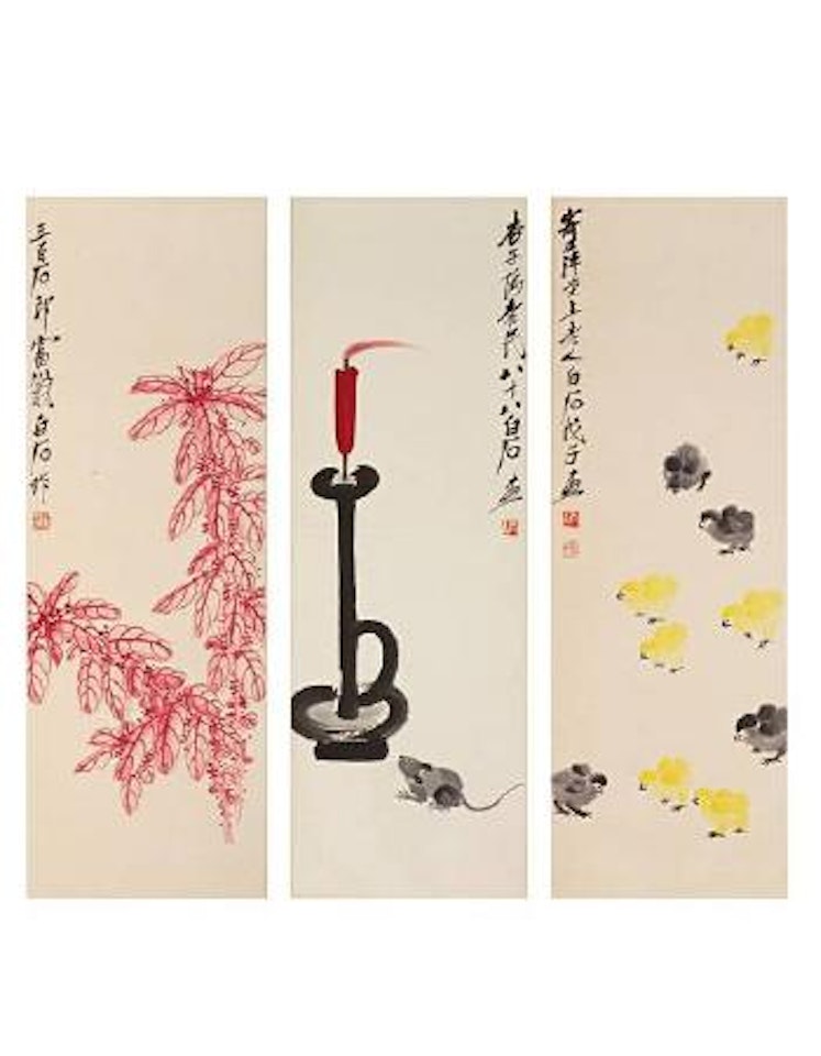 Amaranths/Candle and Mouse/Baby Chicks by Qi Baishi