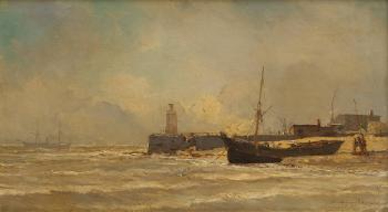 Barque échouée sur fond de phare by Jean Baptiste Henri Durand-Brager