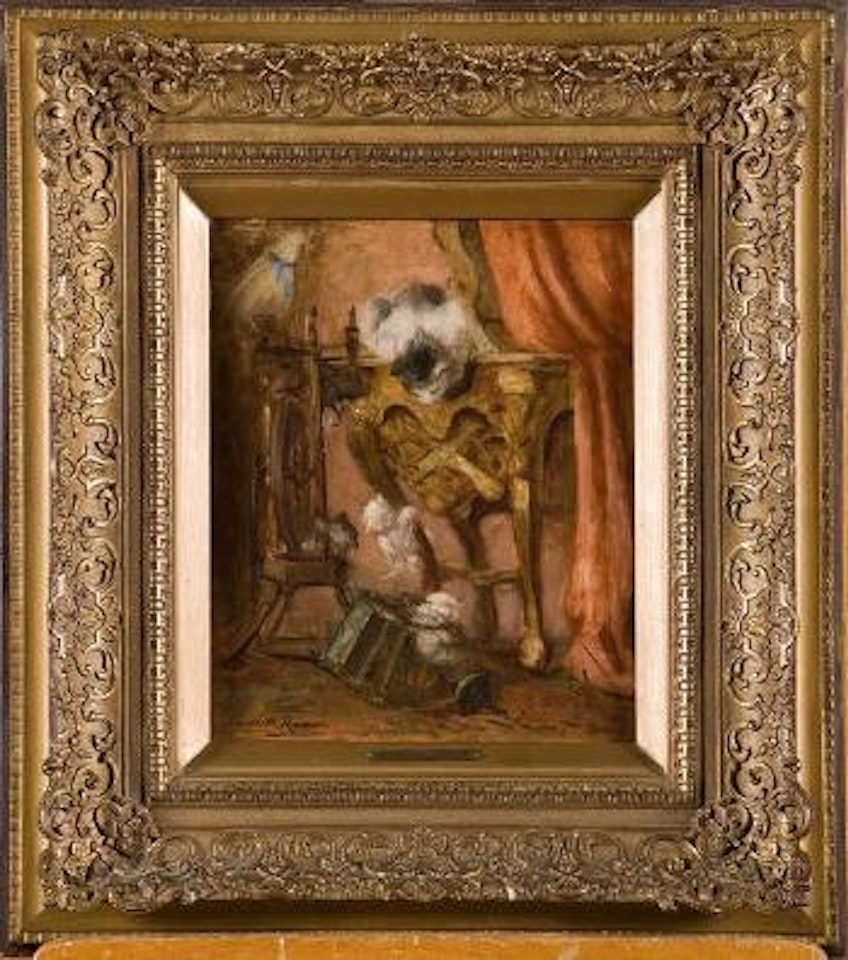 Chatte jouant avec ses petits sur une console by Henriette Ronner-Knip