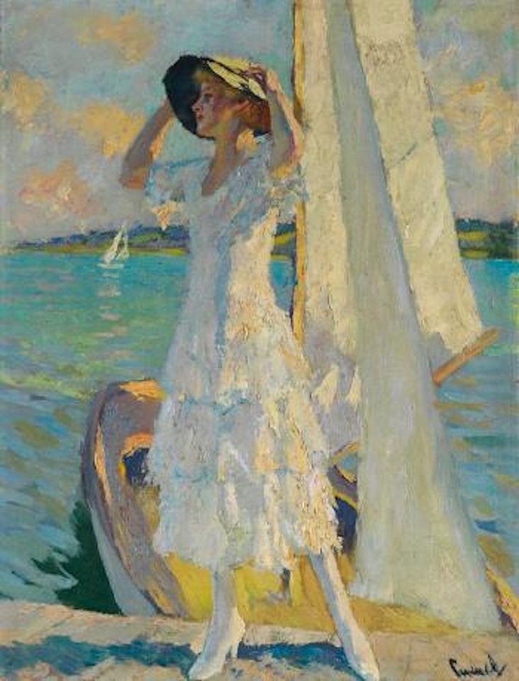 Frau auf dem Steg mit einem Kahn am Ufer des Starnberger See by Edward Cucuel