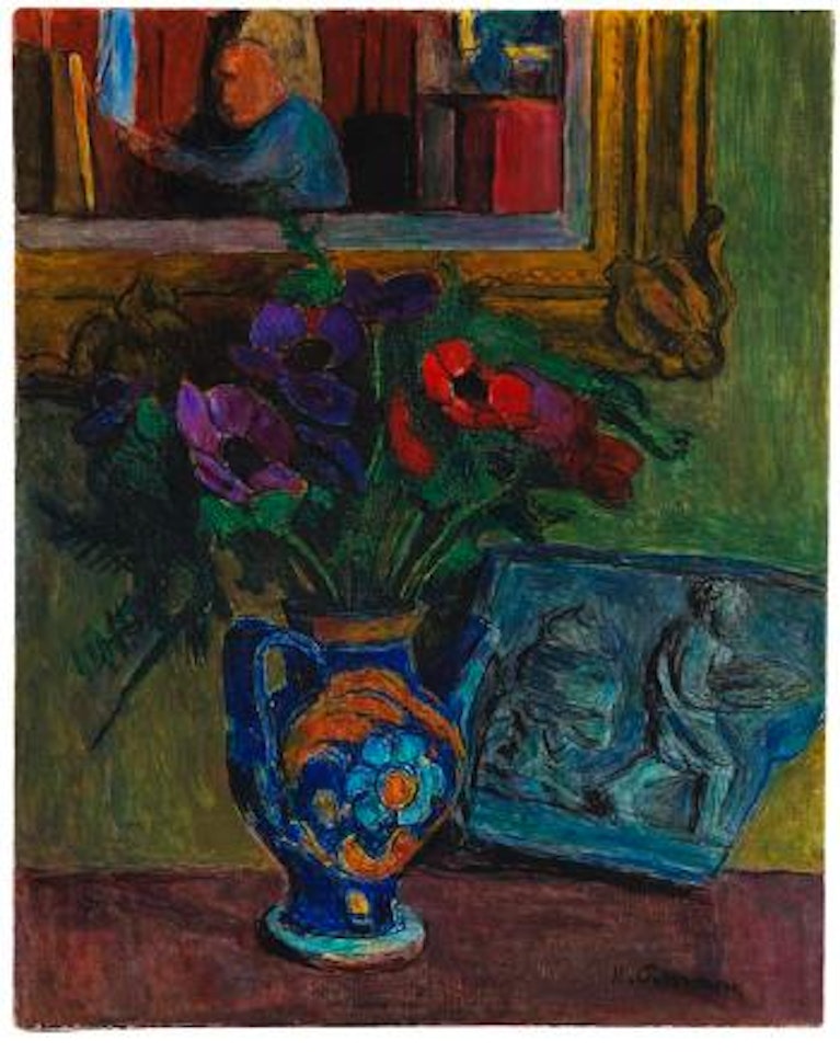 Stillleben mit Anemonen, Relief und Spiegel mit Selbstbildnis by Hans Purrmann