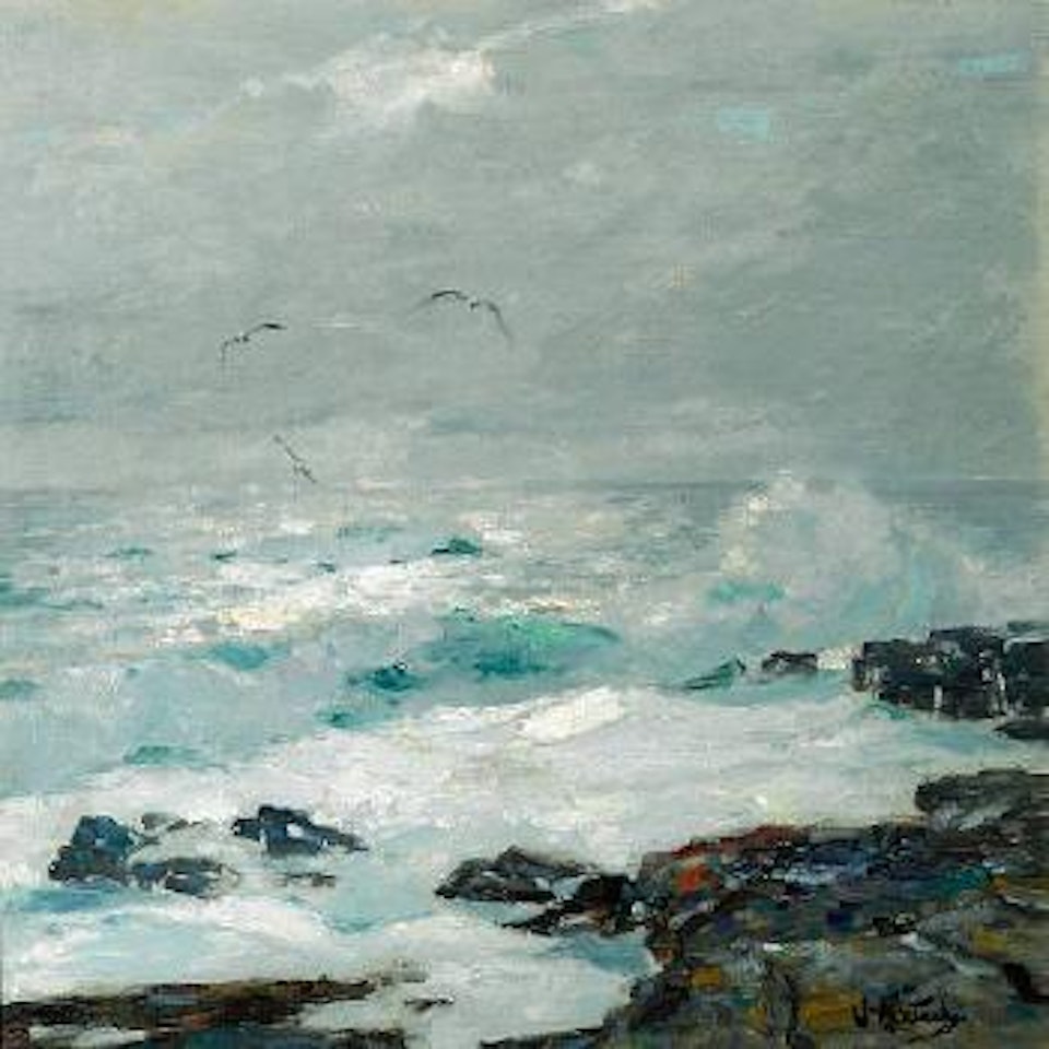 Surf breaking on the rocks with sea gulls above by William Ritschel