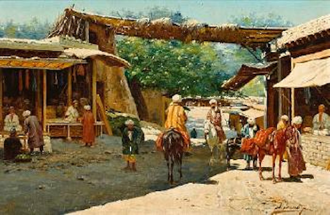 Horsemen and figures at a town gate by Richard Karlovich Zommer