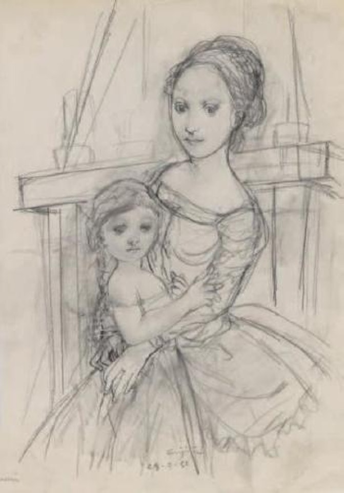 Mère et sa fille devant la cheminée by Leonard Tsuguharu Foujita