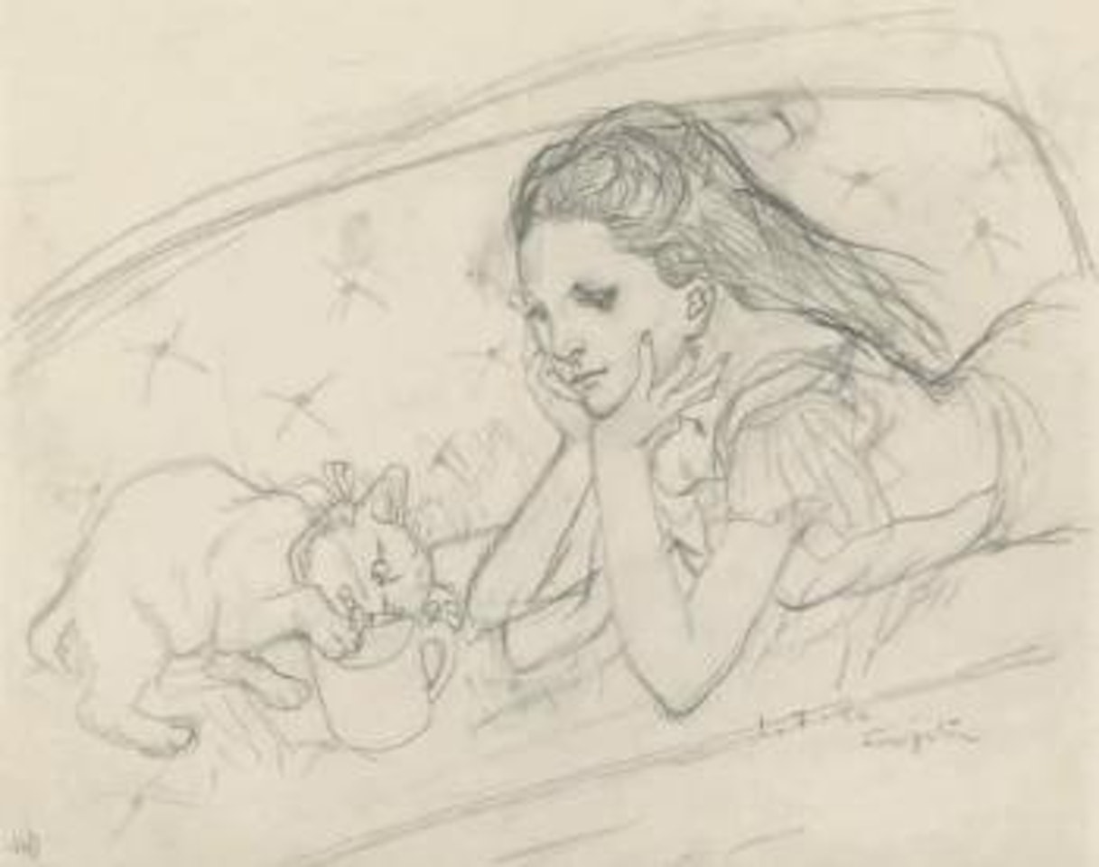 Chat lapant et jeune femme sur un sofa by Leonard Tsuguharu Foujita