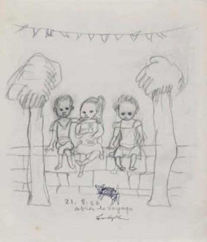 Après le voyage, trois enfants sur un muret, Meudon by Leonard Tsuguharu Foujita