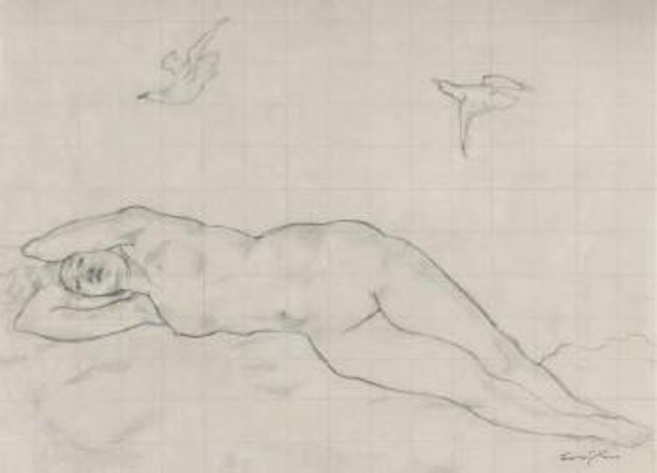 Femme endormie aux oiseaux, neige by Leonard Tsuguharu Foujita