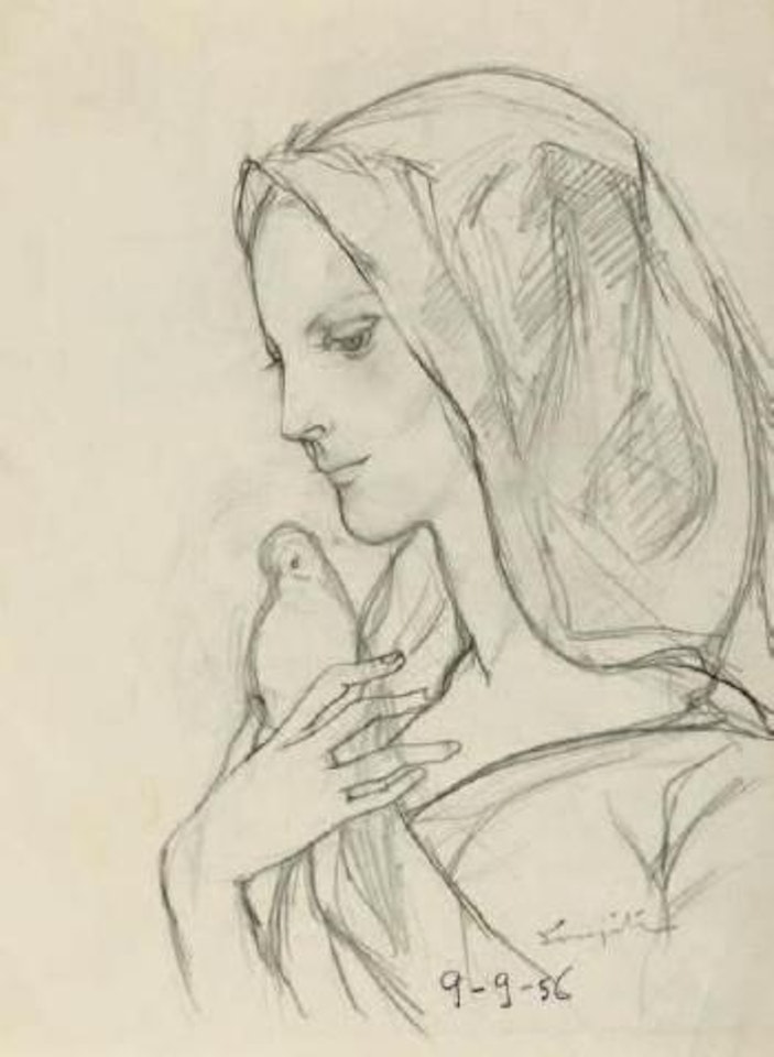 Jeune femme a l'oiseau by Leonard Tsuguharu Foujita