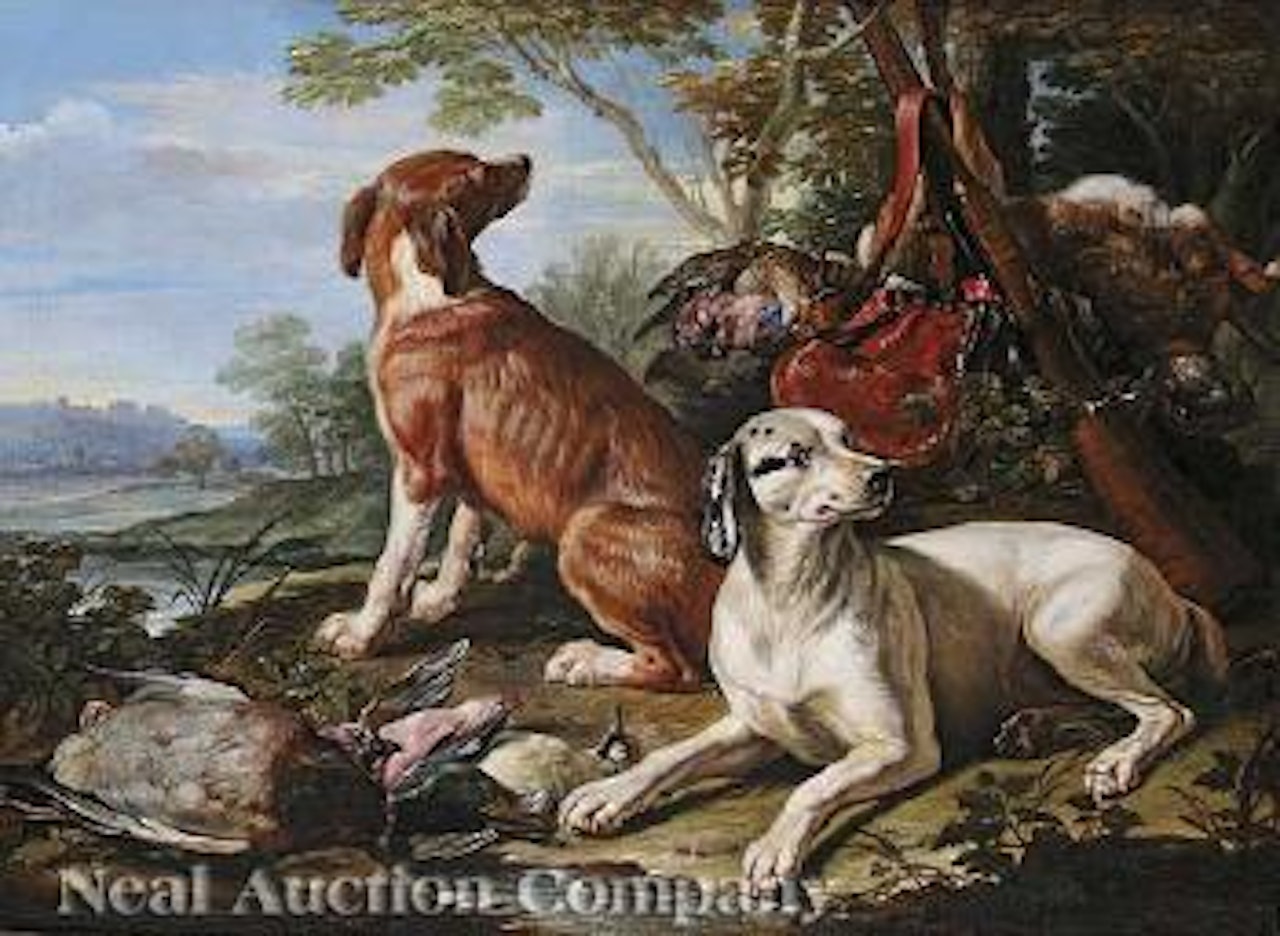 Two hunting hounds with game in a landscape by Jean-Baptiste Oudry