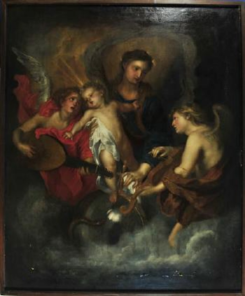 Madonna mit Kind, umgeben von zwei musizierenden Engeln by Dutch School