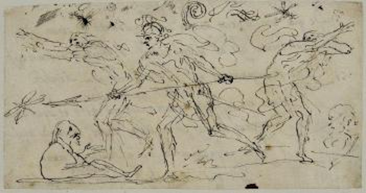 Etudes de trois figures en pied et une caricature en bas à gauche by Pier Francesco Mola