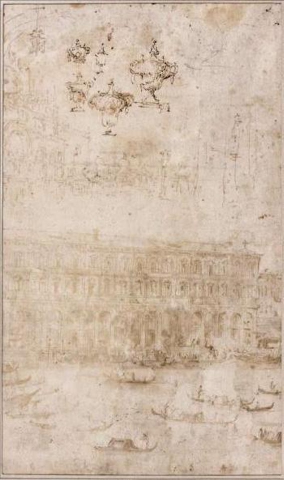 Vue animée de la piazetta de San Giorgio Maggiore. Deux vues de Venise don’t la vue de Fabbriche Nuove di by Francesco Guardi