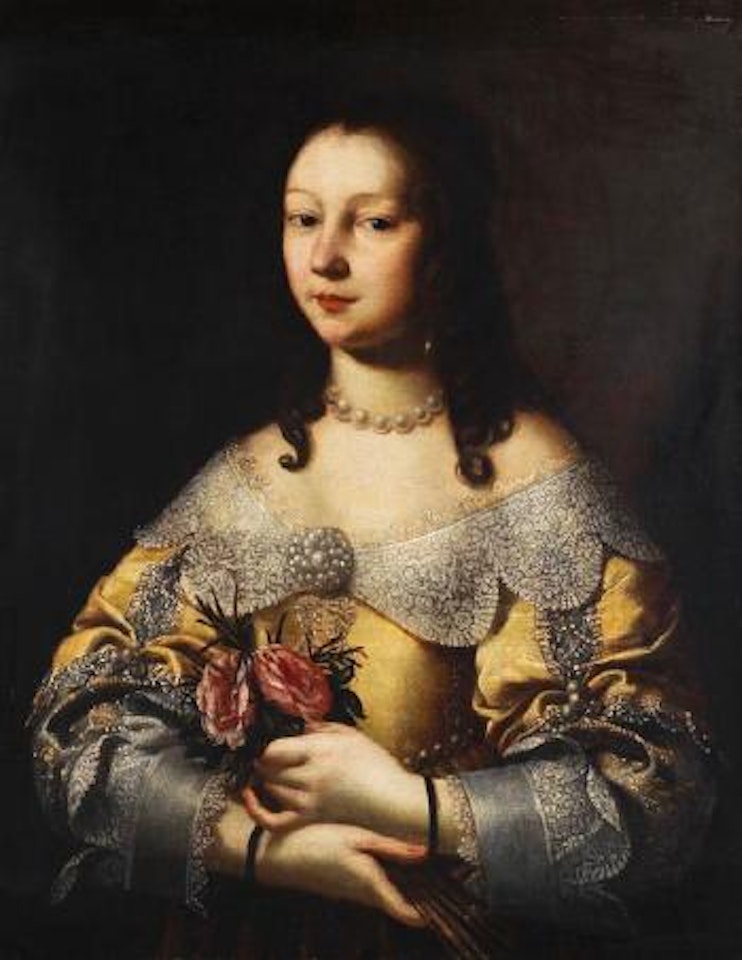 Porträt einer eleganten Dame mit kleinen Rosenbouquet by Pier Francesco Cittadini