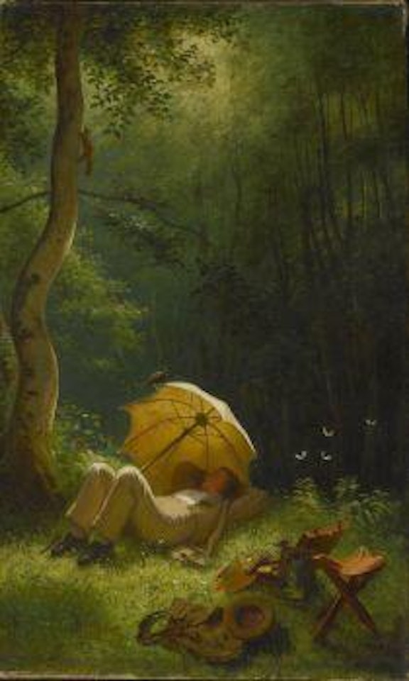 Der Maler auf einer Waldlichtung, unter einem Schirm liegend by Carl Spitzweg